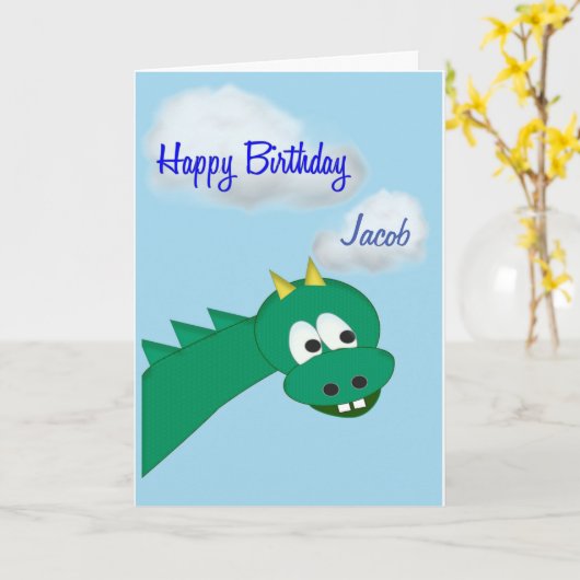 Leuke verjaardag draak, aangepaste naam kaart (Gele Bloem)