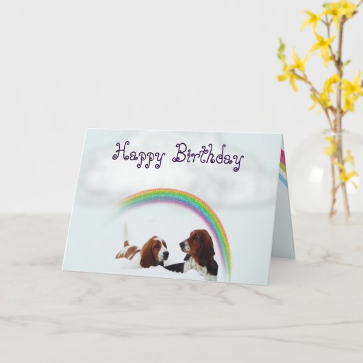 Leuke Verjaardag Kaart met Basset Hounds en Rainbo (Gele Bloem)