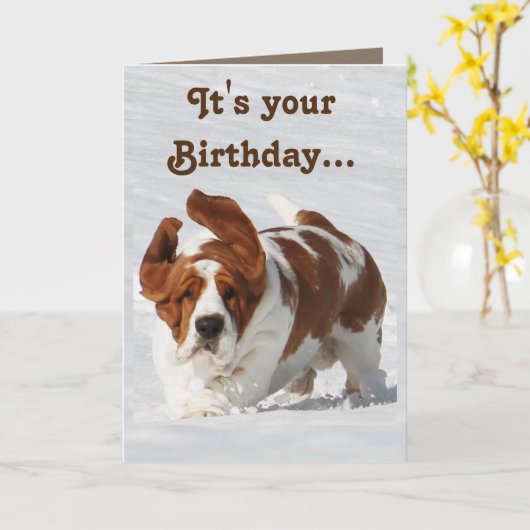 Leuke Verjaardag Kaart w/Basset Hound & Champagne (Gele Bloem)