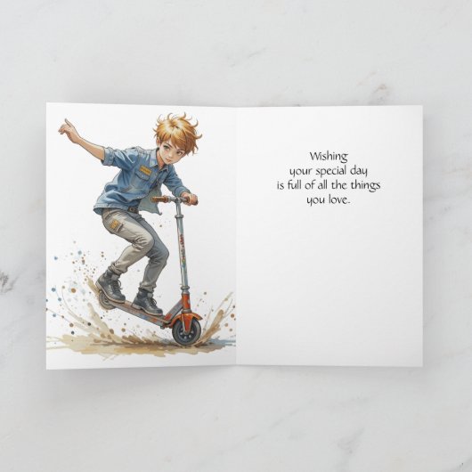 Leuke verjaardag kleinzoon jongen op een Kick Scoo Kaart (Binnen)