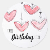 Leuke verjaardag meisje met waterverf hart ronde sticker (Voorkant)
