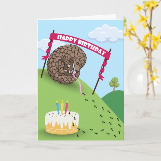 Leuke verjaardag met Pangolin opgerolde mieren Kaart (Gele Bloem)