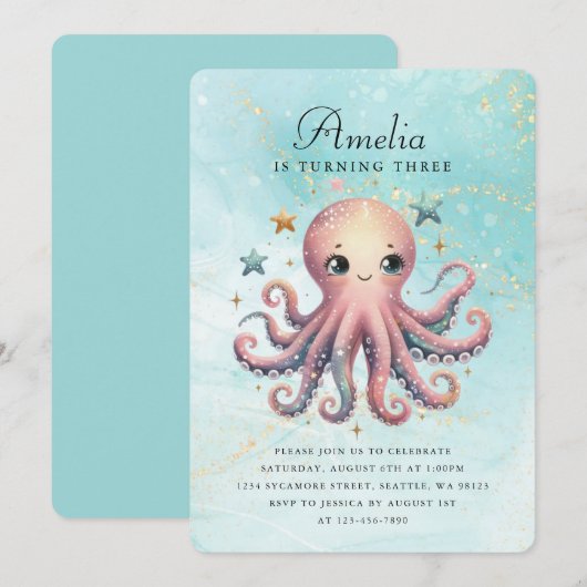 Leuke verjaardag octopus uitnodiging (Voorkant / Achterkant)