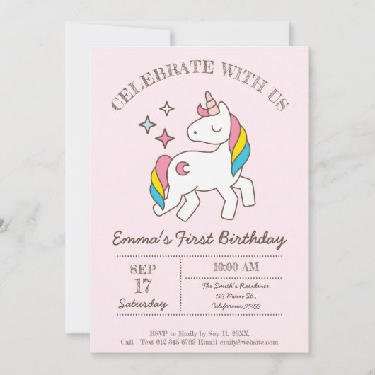 Leuke verjaardag Rainbow Unicorn Party uitnodiging (Voorkant)
