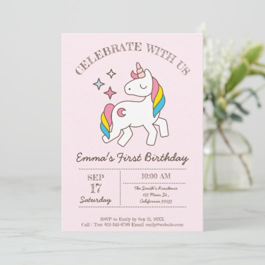 Leuke verjaardag Rainbow Unicorn Party uitnodiging (Staand voorkant)