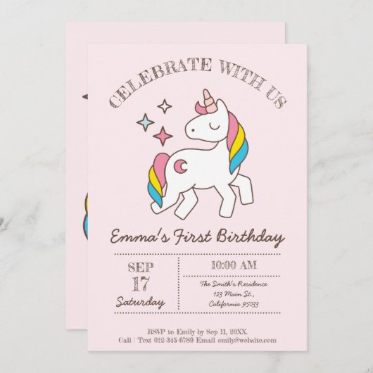 Leuke verjaardag Rainbow Unicorn Party uitnodiging (Voorkant / Achterkant)