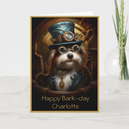 Leuke Verjaardag Steampunk Dog Aangepaste Naam 033 Kaart (Voorkant)