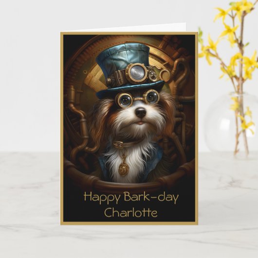 Leuke Verjaardag Steampunk Dog Aangepaste Naam 033 Kaart (Gele Bloem)
