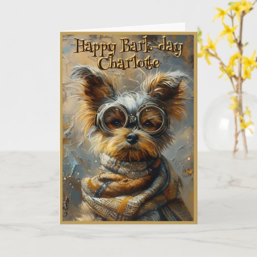Leuke Verjaardag Steampunk Yorkie Custom Name 163 Kaart (Gele Bloem)