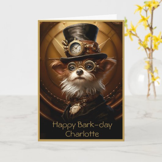 Leuke Verjaardag Yorkie Steampunk Custom Name 110 Kaart (Gele Bloem)