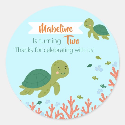 Leuke Verjaardag Zee Schildpad & Koraalrif Ronde Sticker (Voorkant)