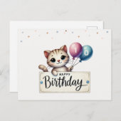 Leuke Verjaardags Kaart met Happy Cat en Ballonnen (Voorkant / Achterkant)