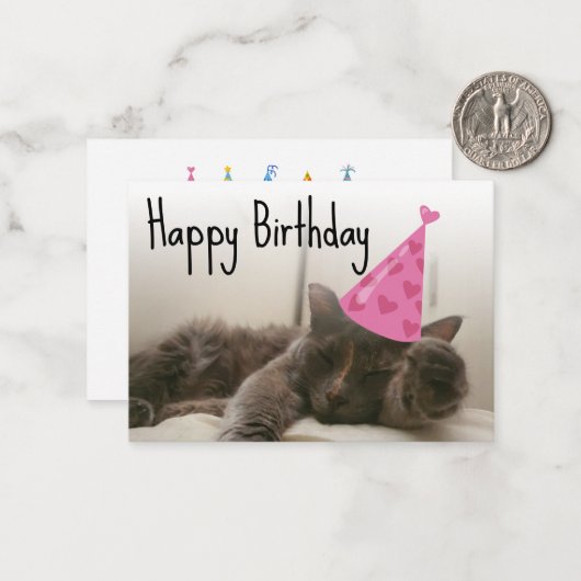 leuke verjaardagscat met roze pet foto notitiekaartje (Voorkant / Achterkant in situ)