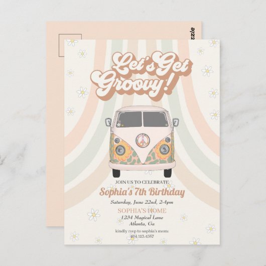 Leuke verjaardagsfeest, uitnodiging met 70s retro  (Voorkant / Achterkant)