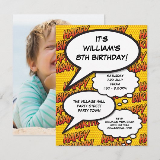 Leuke Verjaardagsfeestje Speech Comic Bubbles Foto Uitnodiging Briefkaart (Voorkant / Achterkant)