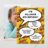 Leuke verjaardagsfeestrede Comic Bubbles Foto Uitnodiging Briefkaart (Voorkant / Achterkant)