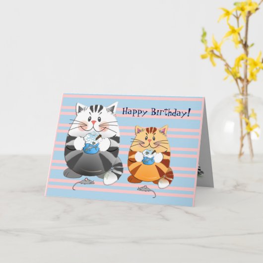 Leuke verjaardagskaart met cupcakes eten van katte kaart (Gele Bloem)