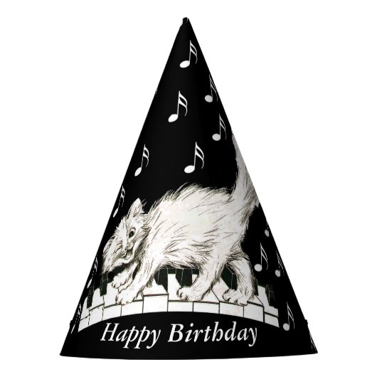 Leuke Verjaardagskat op Piano Keys Muzieknoten Feesthoedjes (Voorkant)