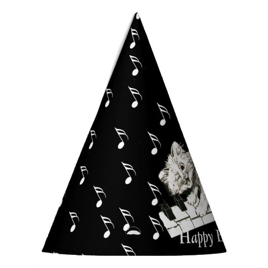 Leuke Verjaardagskat op Piano Keys Muzieknoten Feesthoedjes (Links)