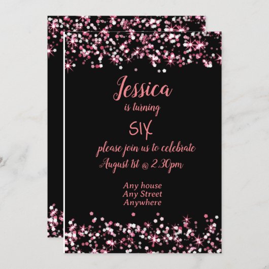 Leuke verjaardagsuitnodiging roze op zwart bewerkb kaart (Voorkant / Achterkant)