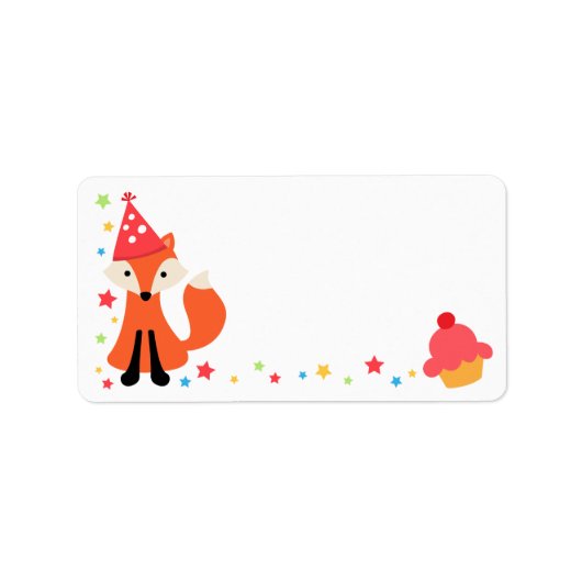 Leuke verjaardagsvos, cupcake en sterren blank etiket (Voorkant)