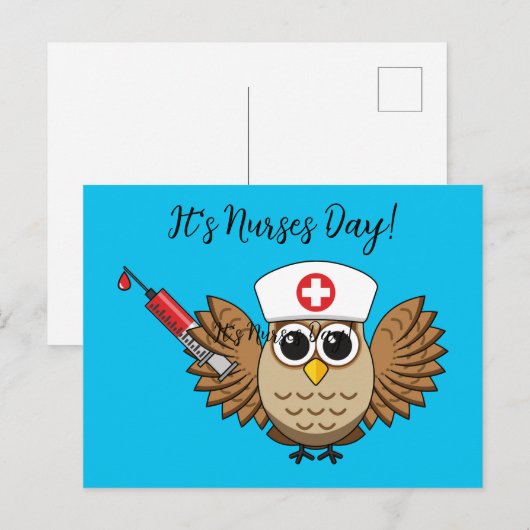 Leuke Verpleegkundige Uil met Spuit Cartoon | Teks Feestdagenkaart (Voorkant / Achterkant)