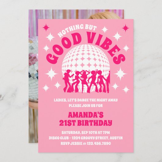 Leuke Vibes Groovy Roze Verjaardagsfeest Uitnodigi Kaart (Voorkant / Achterkant)