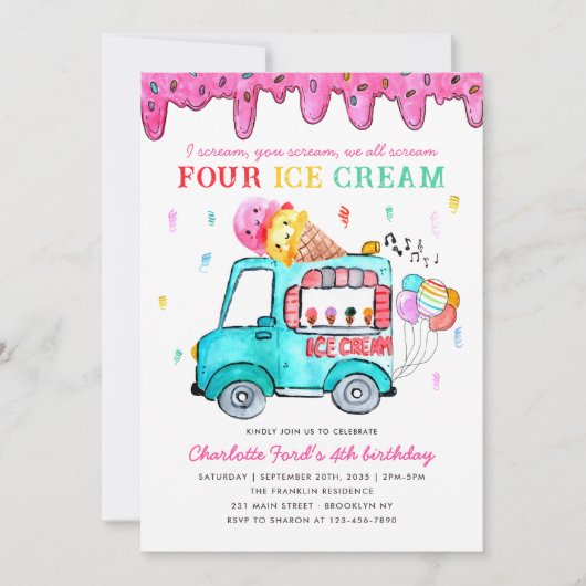 Leuke Vier Ice Cream Truck 4e Zomer Kids Verjaarda Kaart (Voorkant)