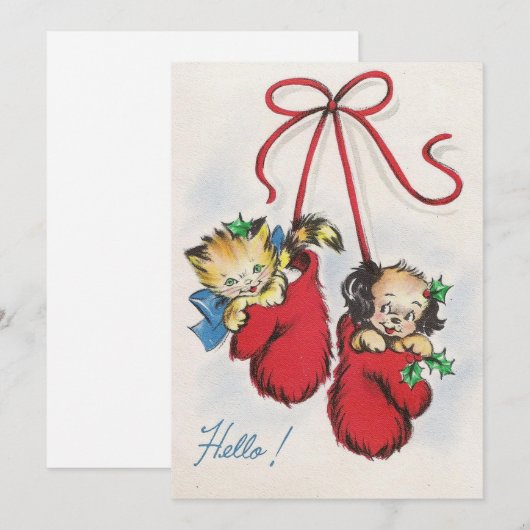 Leuke vintage kerstkitten in bokshandschoenen feestdagenkaart (Voorkant / Achterkant)