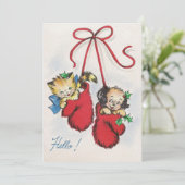 Leuke vintage kerstkitten in bokshandschoenen feestdagenkaart (Staand voorkant)