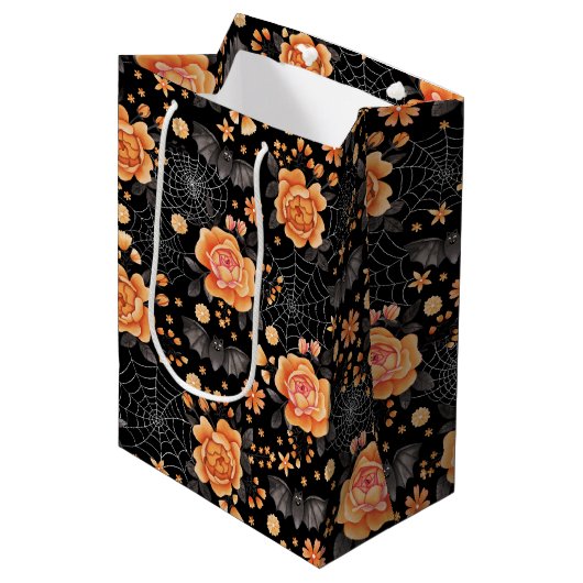 Leuke vleermuizen, bloemen en spinnenwebben Hallow Medium Cadeauzakje (Voorkant Gekanteld)
