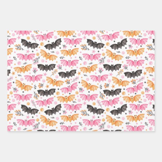 Leuke Vleermuizen, Plaid en Bloemen Pastel Hallowe Inpakpapier Vel (Voorkant 3)