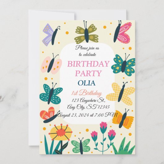 Leuke Vlinder 1e verjaardag uitnodiging (Voorkant)