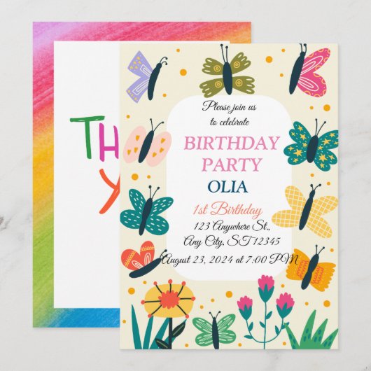 Leuke Vlinder 1e verjaardag uitnodiging (Voorkant / Achterkant)