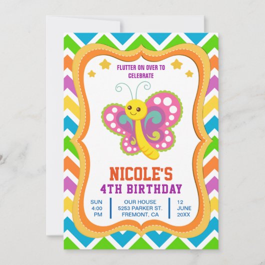 Leuke Vlinder Kids Verjaardagsfeestuitnodiging Kaart (Voorkant)