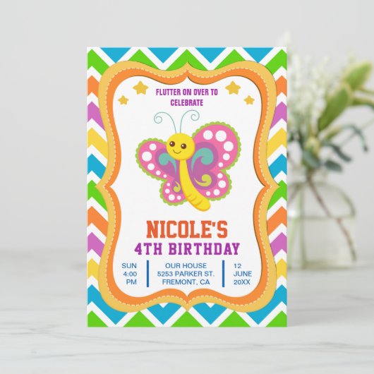 Leuke Vlinder Kids Verjaardagsfeestuitnodiging Kaart (Staand voorkant)