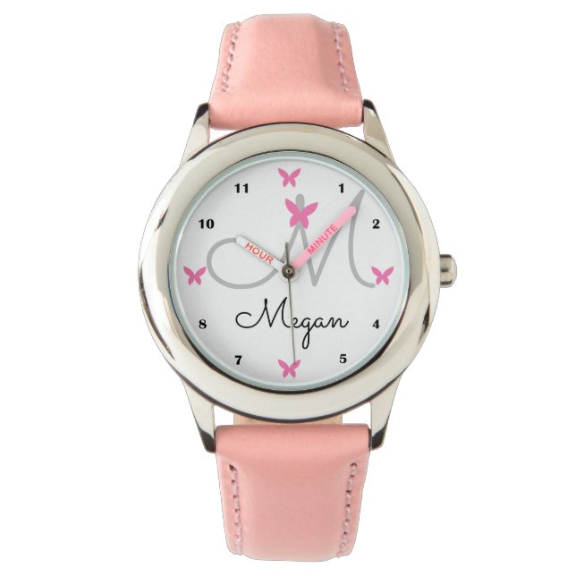 Leuke vlinder monogram gepersonaliseerde aangepast horloge (Voorkant)