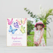 Leuke vlinder verjaardag foto uitnodiging (Staand voorkant)