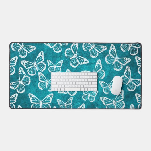 Leuke vlinders Elegant Patroon  Wit Blauwgroen Bureaumat (Keyboard & Muis)