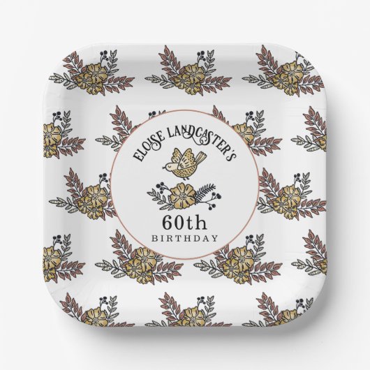 Leuke Vogel en Bloemen 60ste Verjaardagsfeestje Papieren Bordje (Voorkant)