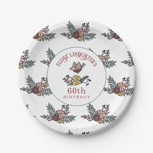Leuke vogel en bloemen gepersonaliseerd 60e verjaa papieren bordje (Voorkant)