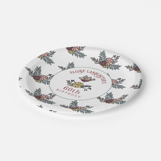 Leuke vogel en bloemen gepersonaliseerd 60e verjaa papieren bordje (Gekanteld)