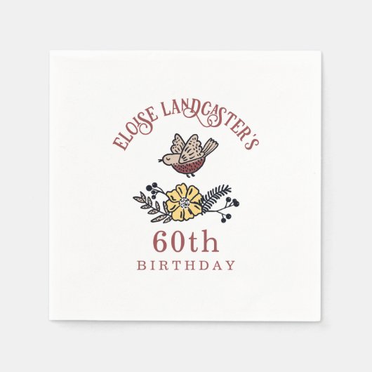 Leuke vogel en bloemen gepersonaliseerde verjaarda servet (Voorkant)