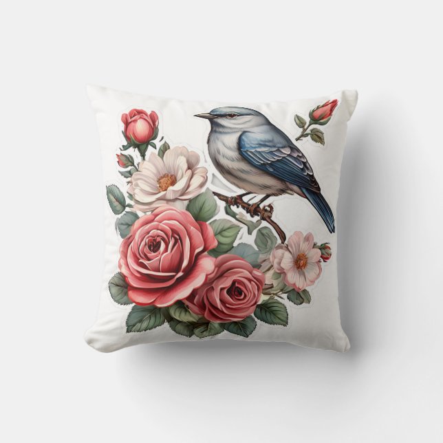 Leuke vogel en bloemen kussen (Voorkant)