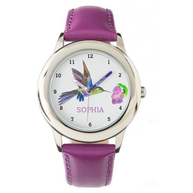 Leuke Vogel Hummingbird Floral Girly Kinder Horloge (Voorkant)