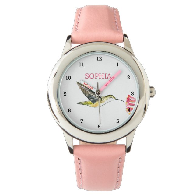 Leuke Vogel Hummingbird Floral Girly Kinder Horloge (Voorkant)