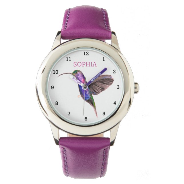 Leuke Vogel Hummingbird Floral Girly Kinder Paarse Horloge (Voorkant)