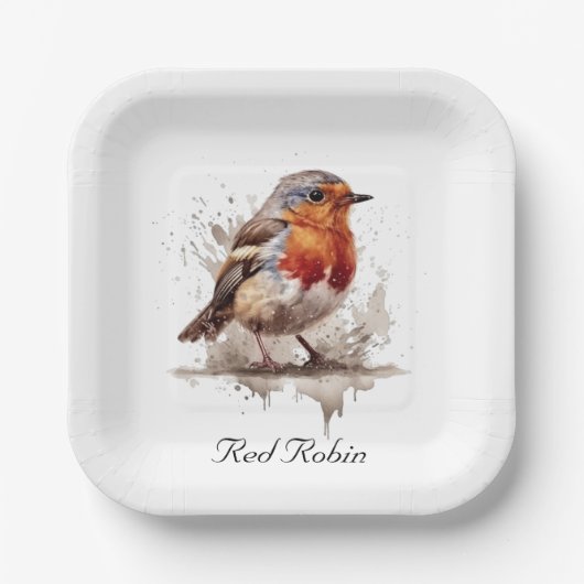 Leuke vogelrode robin in de waterverf papieren bordje (Voorkant)