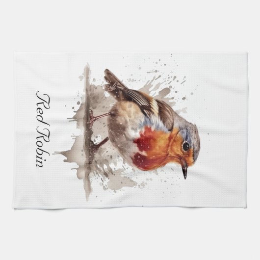 Leuke vogelrode robin in de waterverf theedoek (Horizontaal)