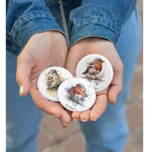 Leuke vogelrode robin in de waterverf vierkante button 5,1 cm